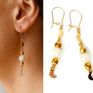 Boucle d’Oreilles Pierre De Lune Dormeuses Croissant De Lune En Plaqué Or Artisanales