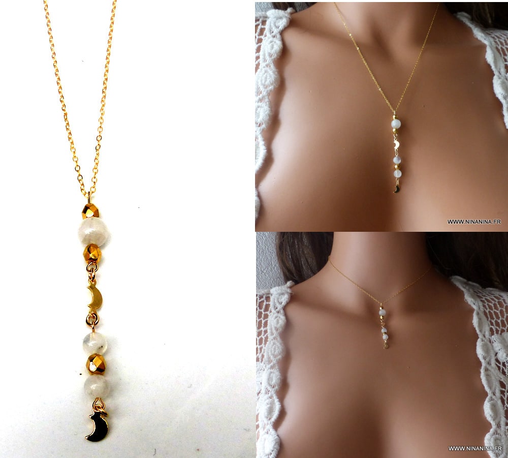 Collier pierre de lune véritable cravate lasso Plaqué Or – Image 3