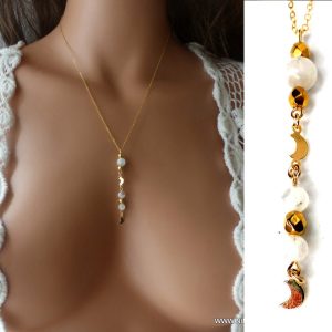 Collier pierre de lune véritable cravate lasso Plaqué Or