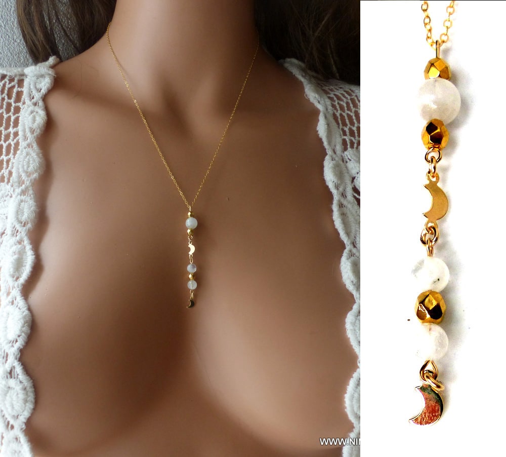 Collier pierre de lune véritable cravate lasso Plaqué Or – Image 2