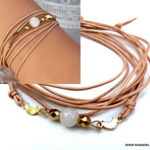 Bracelet artisanal femme multi tours cordon cuir avec Pierre de Lune véritable et Plaqué Or