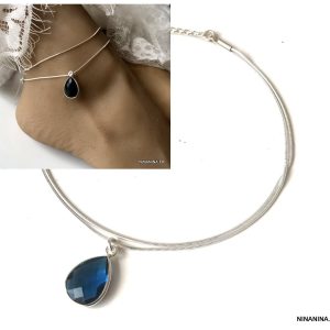 Chaine cheville argent 925 double pendentif topaze bleue