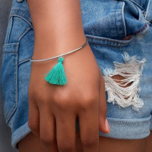 Bracelet Jonc Minimaliste en Argent 925 avec Pompon Vert – Bijou Réglable Fait Main en France