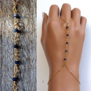 Bracelet bague chaine de main plaqué or et saphir