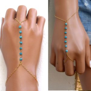 Bracelet bague – chaine de main plaqué or turquoises