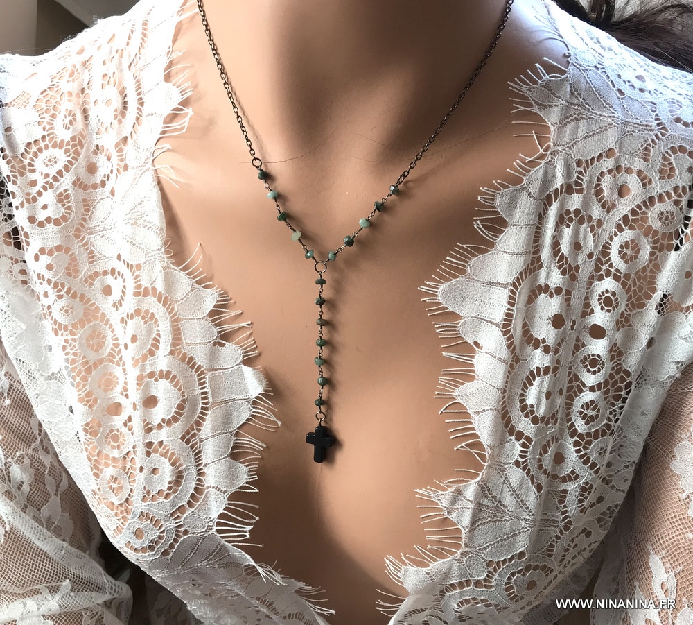 Chapelet pierre semi precieuse pyrite noir pour femme – Image 9