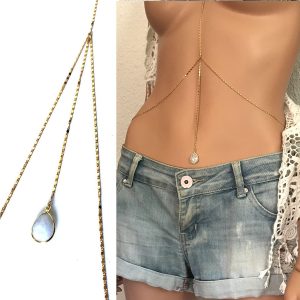 Chaine corps femme Plaqué Or Et Pierre de lune blanche