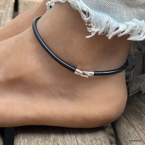 Bracelet cheville homme cuir fermoir crochet Argent 925 fait main