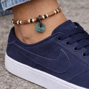 Bracelet Cheville Homme Surf artisanal – Perles cylindrique Bois Et Anneau Rond Bleu