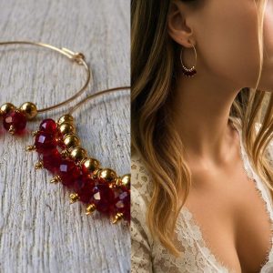 Boucles d’oreilles pierre rouge grenat naturel – Créoles plaqué Or artisanales