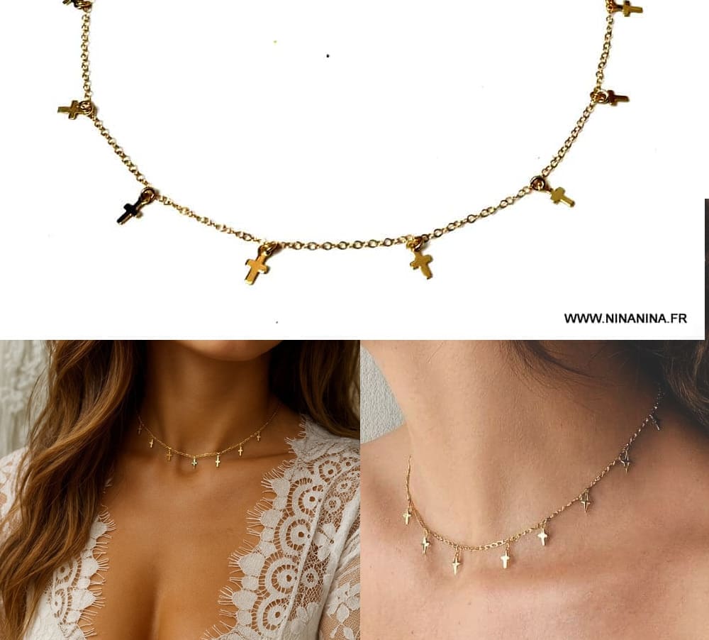 Collier Court Femme artisanal avec plusieurs charms croix Or Laminé (Plaqué or gold filled 14 carats) – Image 7