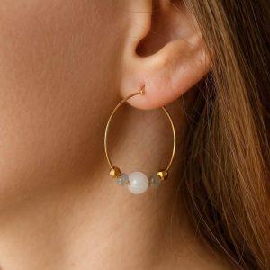 Boucles d’Oreille Créoles Femme Pierre de Lune et Labradorite Et Plaqué Or Artisanales