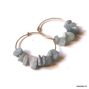 Creoles Bleues En Aigue Marine Naturelle – Boucles D&rsquo;Oreilles Plaqué Or Artisanales