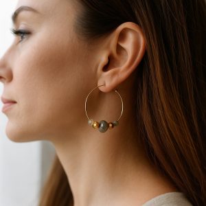 Boucles d&rsquo;oreilles Créoles perles plaqué Or et Labradorite naturelle artisanales