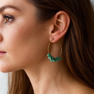 Boucles d’oreilles Créoles plaqué Or et perles en Howlite bleu Turquoise