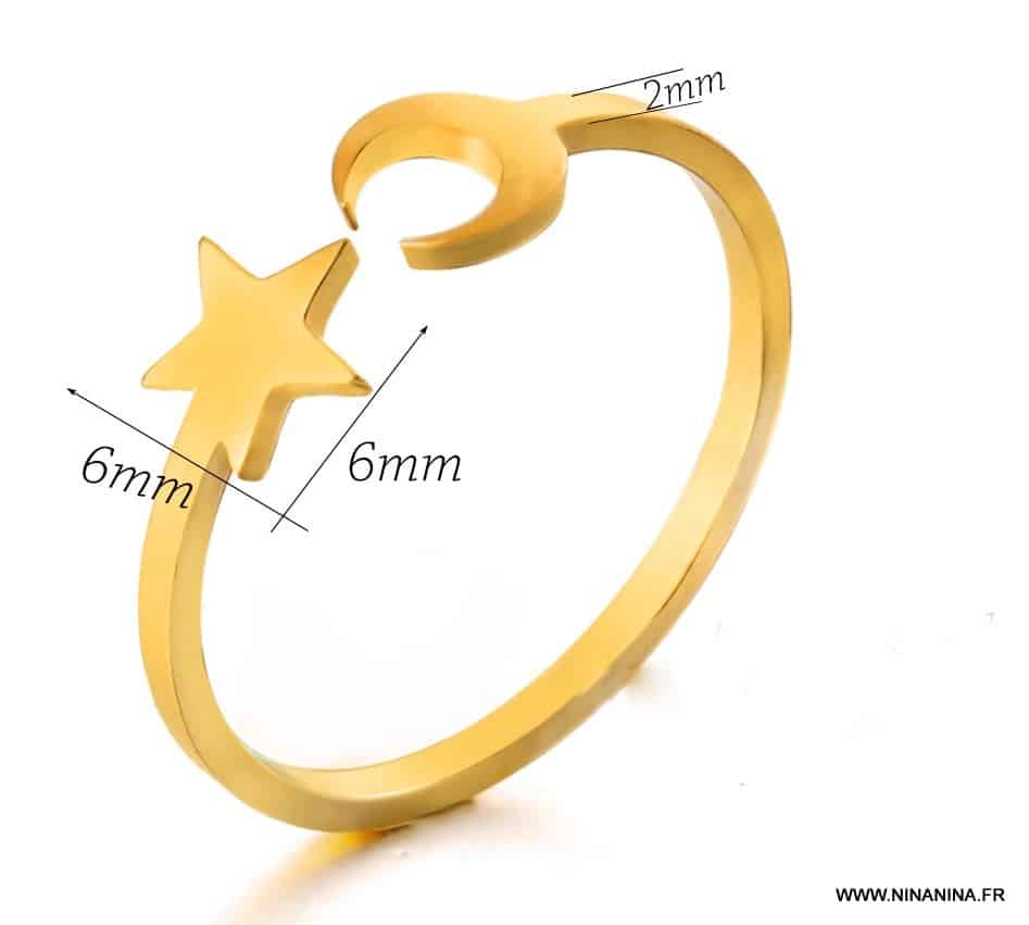 Bague lune et étoile Acier inoxydable doré ajustable – Image 4