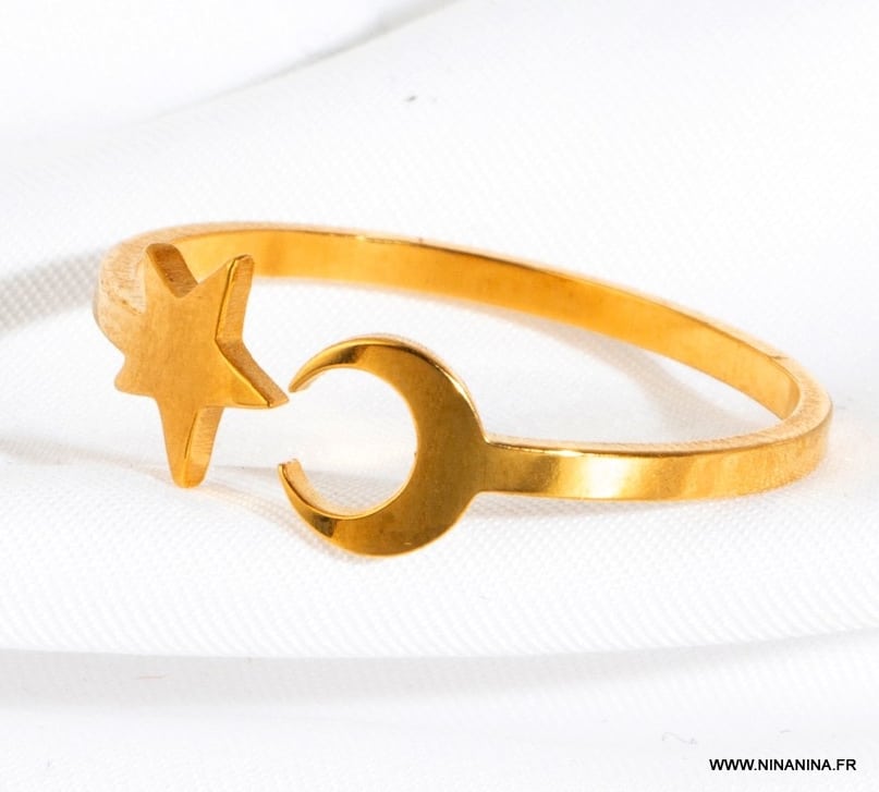 Bague lune et étoile Acier inoxydable doré ajustable – Image 3