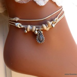 Bracelet cheville boho ethnique cordon Argent plaqué