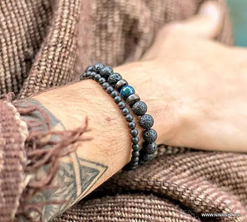 Bracelet de pierre de lave homme et turquoise africaine – Image 7