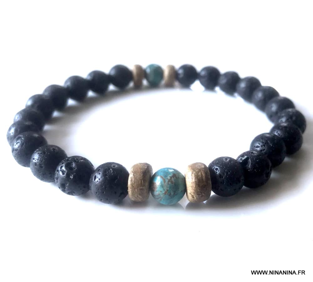 Bracelet de pierre de lave homme et turquoise africaine – Image 6