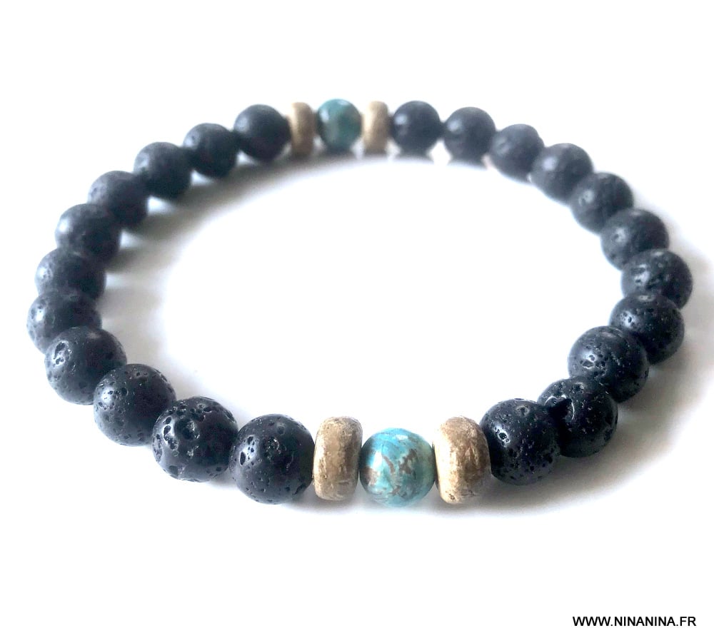 Bracelet de pierre de lave homme et turquoise africaine – Image 3
