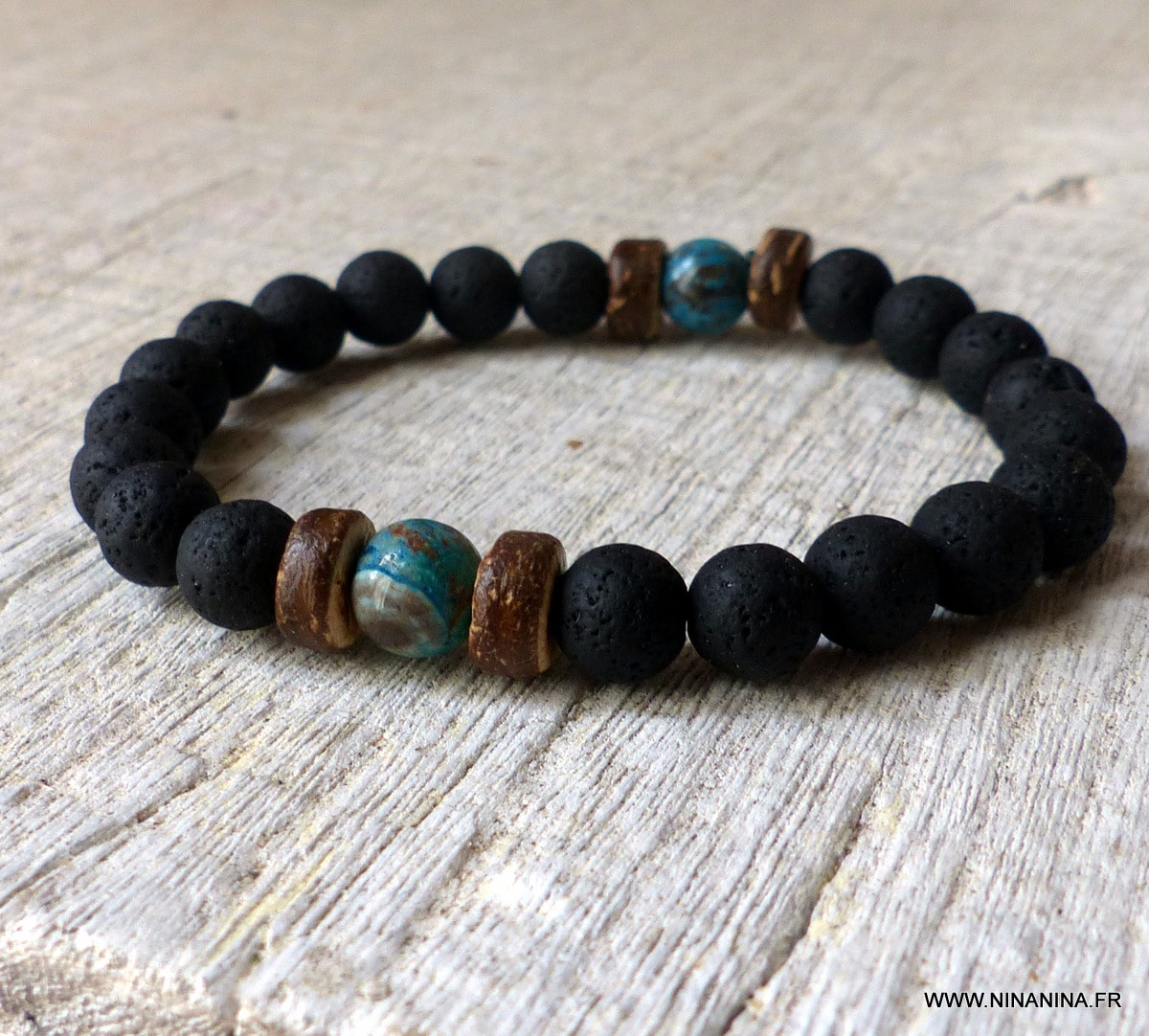 Bracelet de pierre de lave homme et turquoise africaine – Image 9