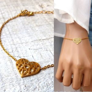 Bracelet Coeur femme Acier inoxydable doré filigrané