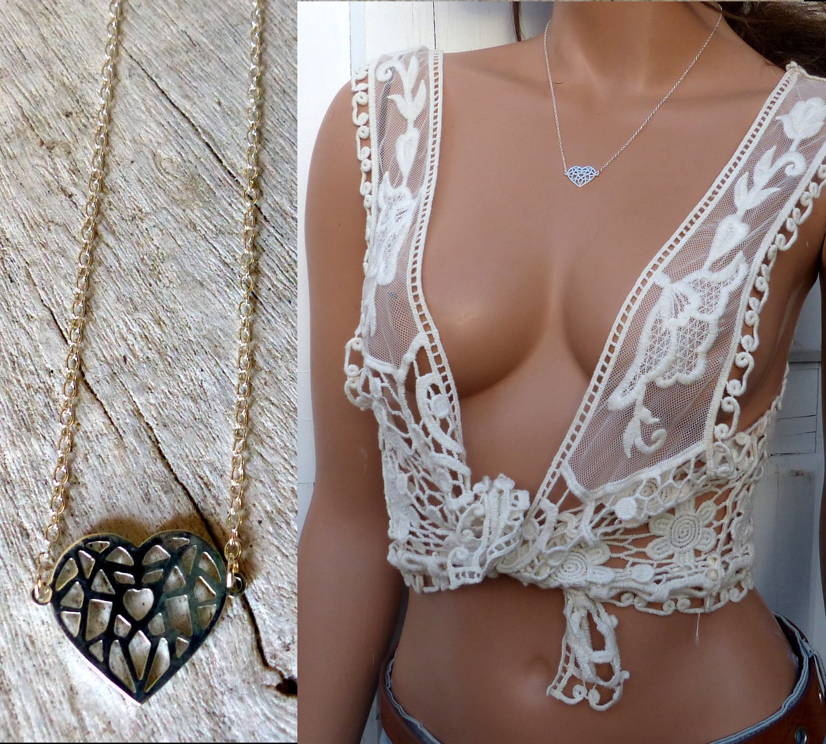 Collier Coeur Acier inoxydable doré filigrané – Image 3