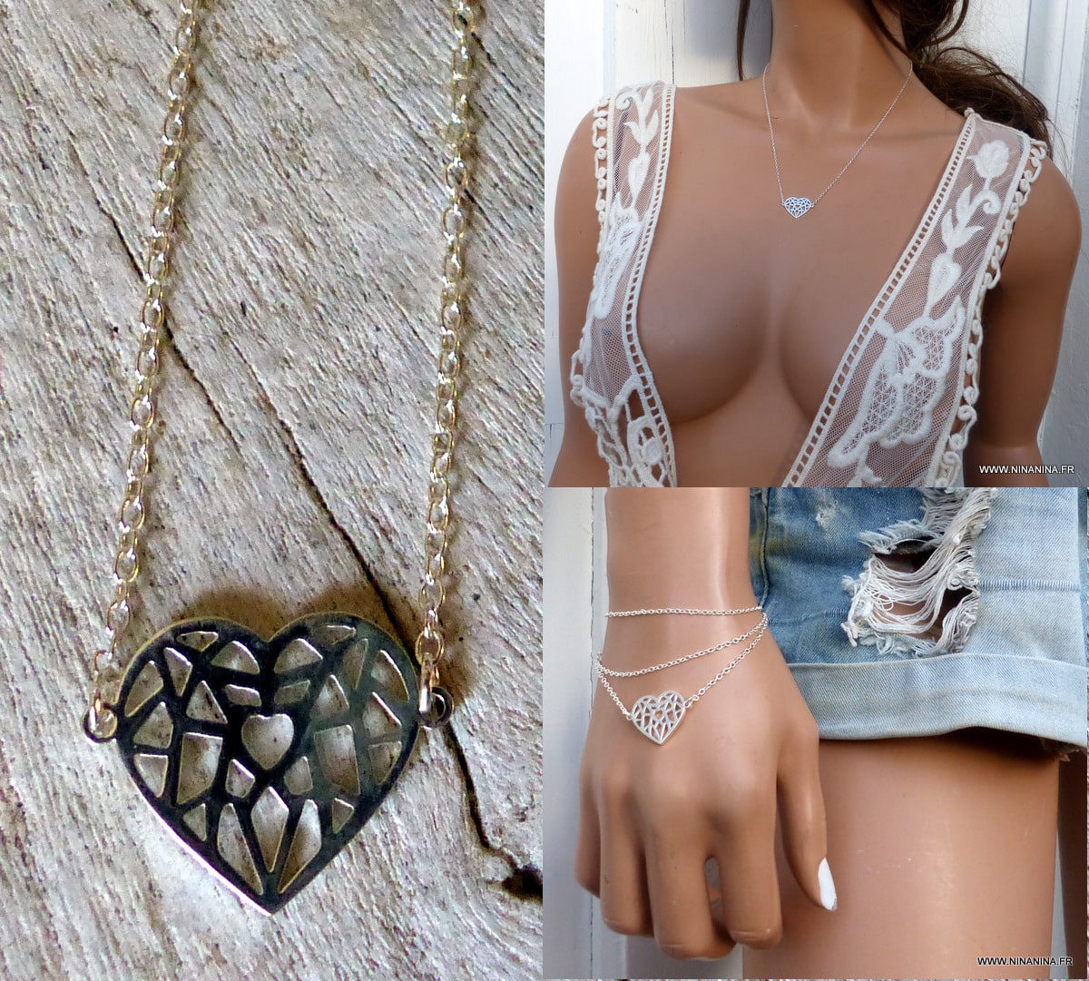 Collier Coeur Acier inoxydable doré filigrané – Image 6