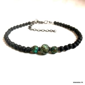 Bracelet cheville noir perles pierre de lave noires