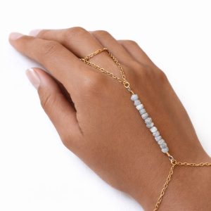 Bracelet bague diamant brut véritable artisanal – chaine de main pépites blanches plaqué or 14K