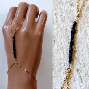Bracelet bague chaine main Diamant noir plaqué or