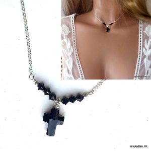 Collier croix femme swarovski argent 925 perles noires