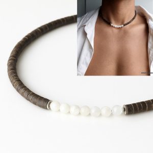 Collier pierre de lune pour homme perles bois coco marron artisanal