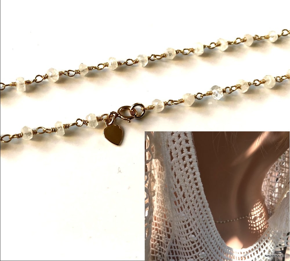 Sautoir pierres naturelles coeur plaquĆ© or pierre de lune ā Image 9