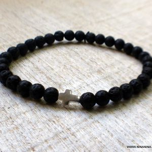 Bracelet croix argent pierre de lave noire femme et homme