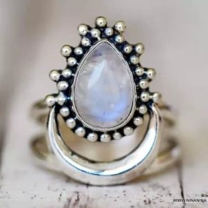 Bague pierre de lune blanche argent style boheme