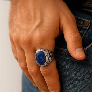Bague pour homme lapis lazuli argent – chevalière ovale pierre bleue