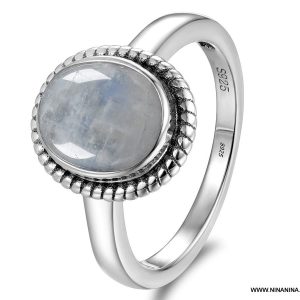 Bague fiancaille pierre de lune et argent 925 cabochon ovale