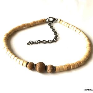 Bracelet cheville fille ou garçon perles bois et jaspe naturel