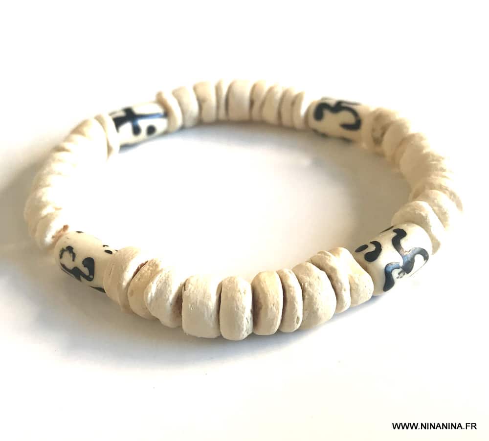 Bracelet perle blanche homme rondelles bois de coco