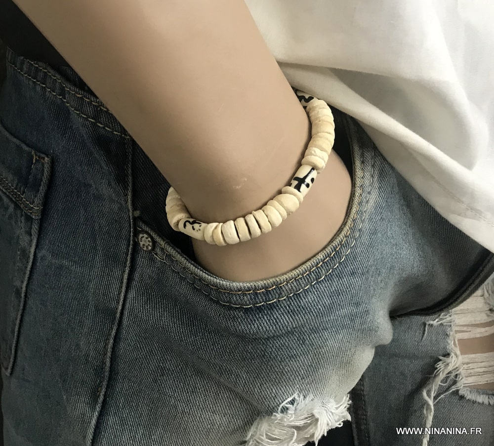 Bracelet perle blanche homme rondelles bois de coco – Image 7