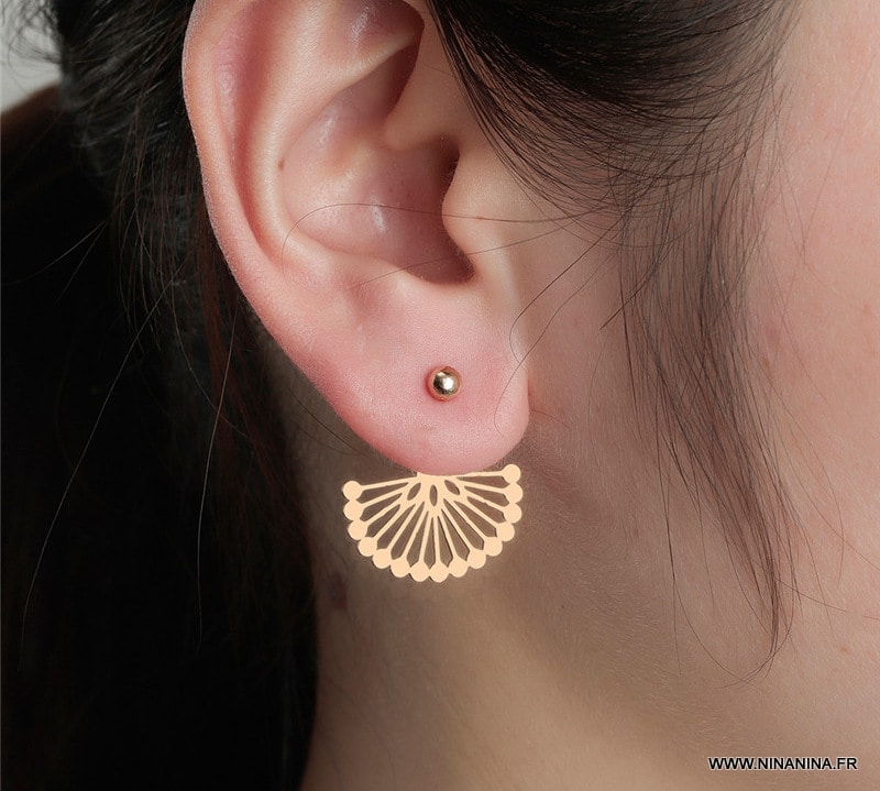 Boucles d oreilles puce boheme acier doré forme éventail