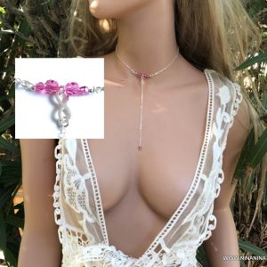 Collier infini argent swarovski cravate perles roses