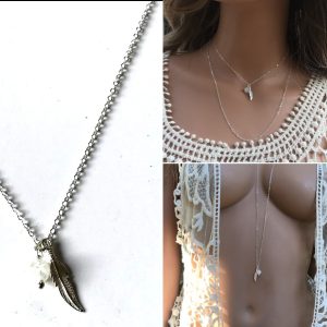 Sautoir plume Argent et pierre de lune pour femme