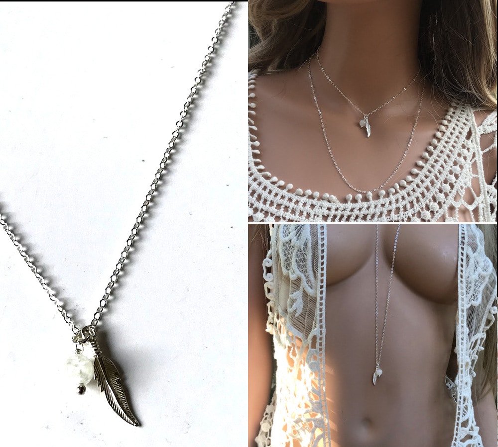 Sautoir plume Argent et pierre de lune pour femme – Image 7