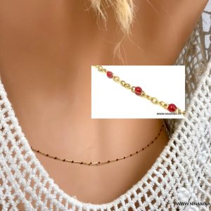 Chaine de taille perles rouges émaillées sur acier doré