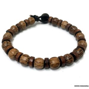 Bracelet perle marron homme bois sur cordon cuir