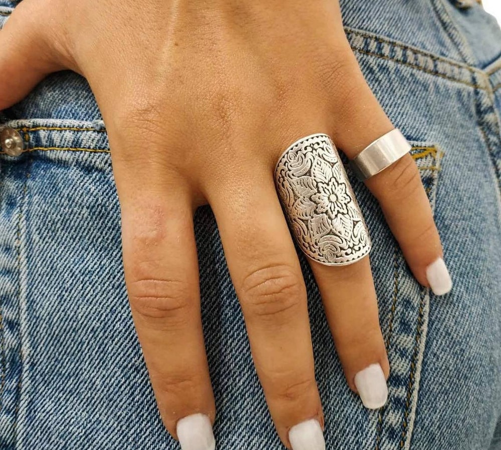 Bague mandala large etain plaqué argent ajustable – Image 7