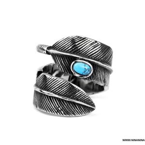 Bague plume homme acier argent turquoise naturelle reglable